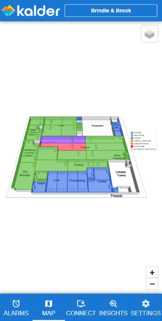Kalder Mobile facility map with equipment status overlays for a fictional store